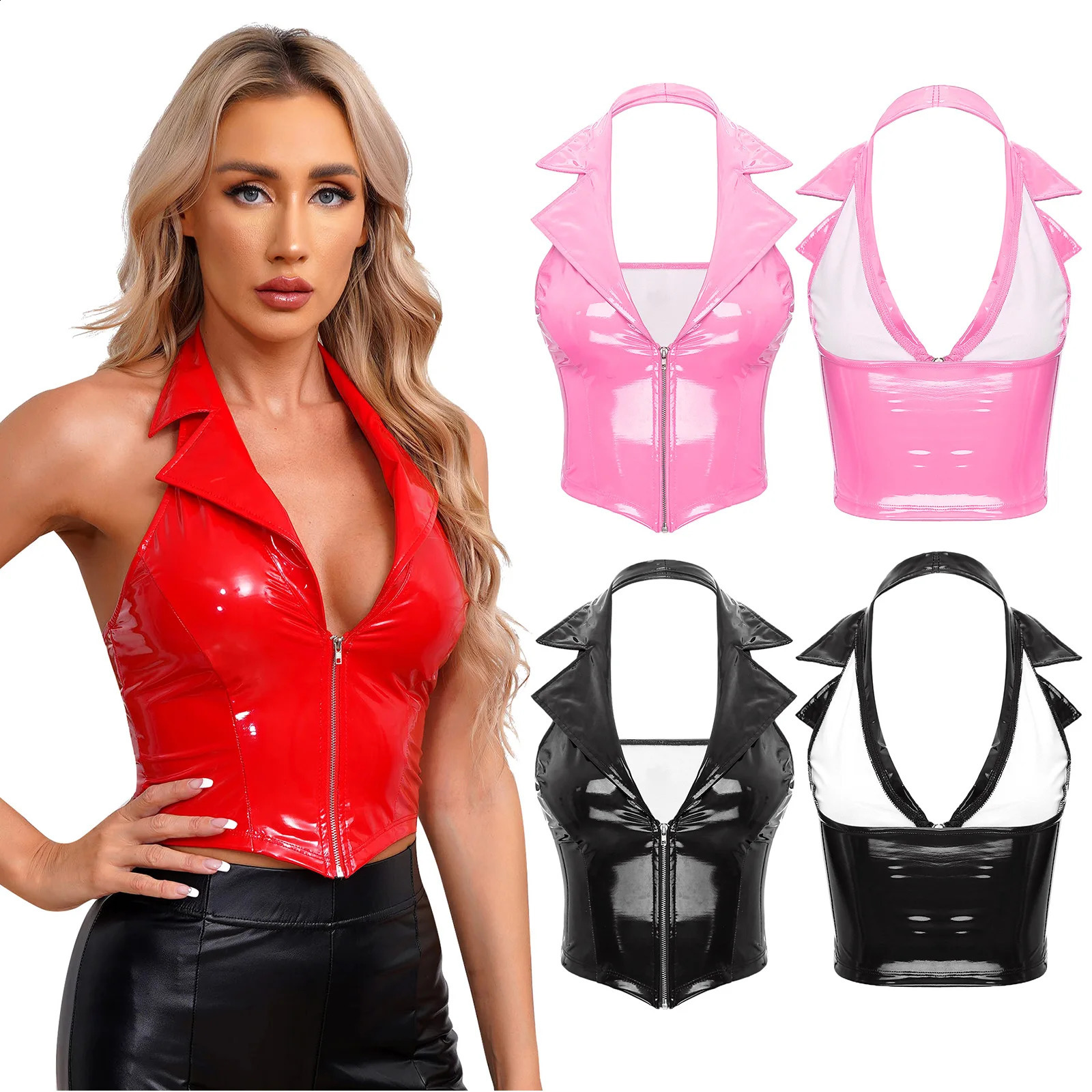 Sexy womens smooth patent leather vest crop top ceiling notch lapel backless deep V-neck zipper ultra-thin suitable for waist belt party club wear 240