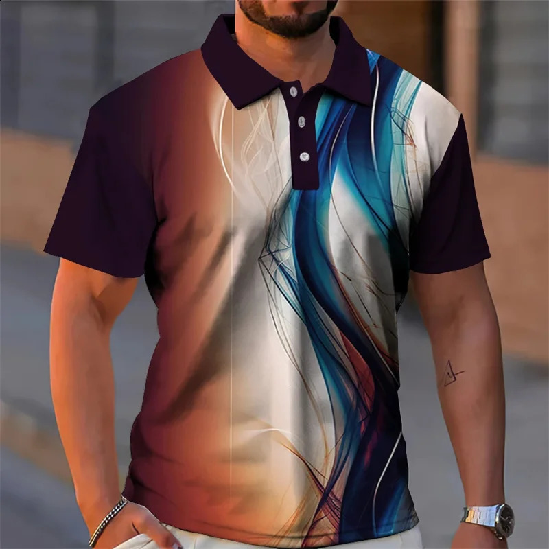 Colorful light pattern mens summer polo shirt 3D loose oversized street lapel button fashion trend 240828