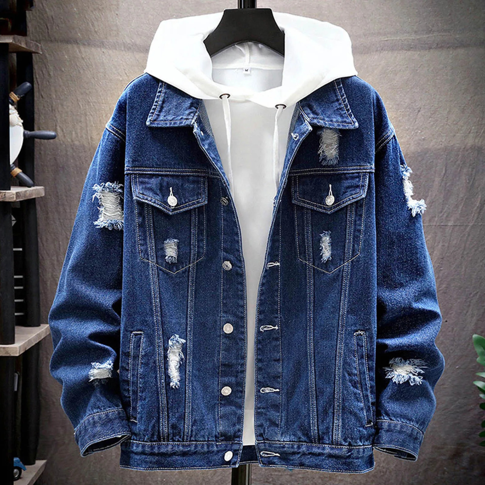 Summer and autumn mens denim jacket casual solid collar single chest jeans regular tear hole cotton 240827