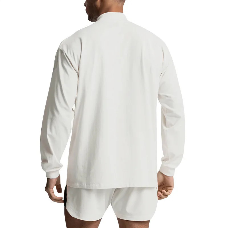 Long sleeved mens fitness shirt gym exercise zipper spring and autumn plain collar training running basic Tshirt 240827