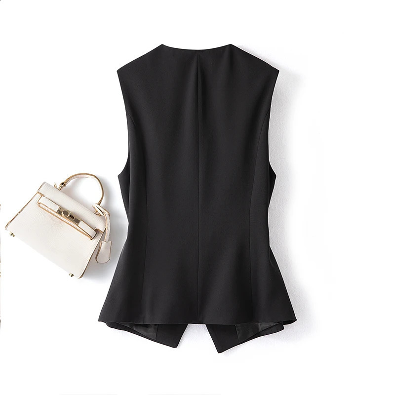 Wxw0729 black jacket womens V-neck ultra-thin asymmetric jacket womens short sleeved sleeveless vest single chest spring 240828