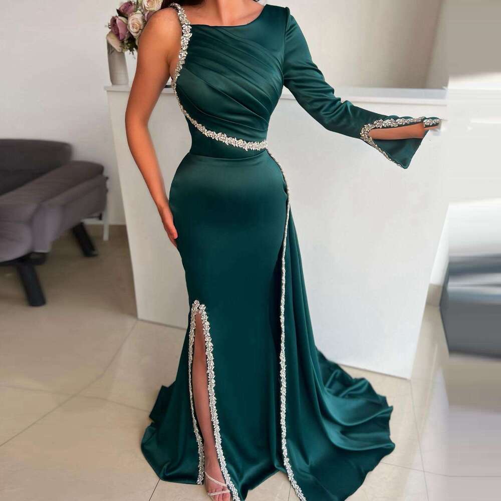 Hunter Green Satin Mermaid Evening Beading Glitter Spaghetti Straps Party Dress Side Split One Shoulder Long tail Gown