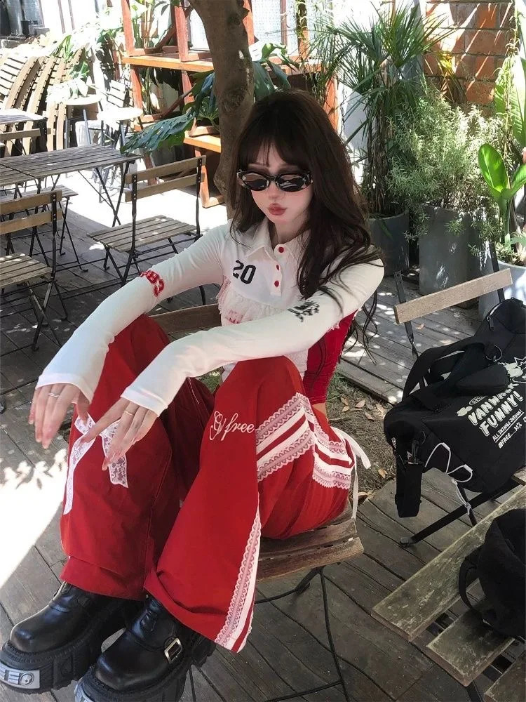 Y2K Girl Style Skiwear Bow Trouser Fashion Sexy Two piece Lace n Street Harajuku Mini Skiing Polo Long Sleeve 240827