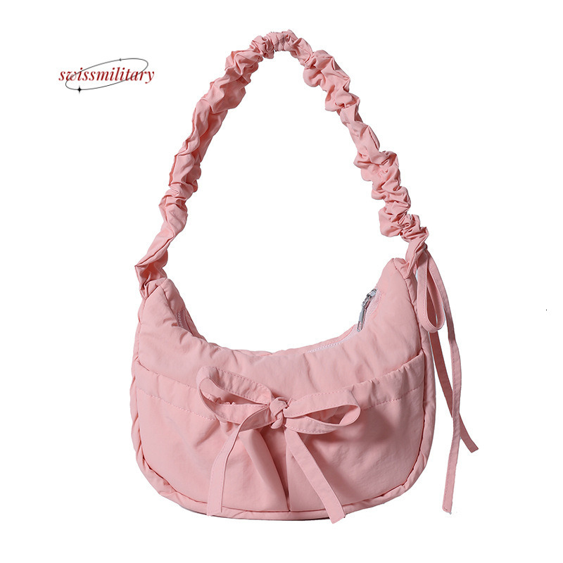 Swissmilitary Wrinkled bow girl's bag with versatile temperament, made of nylon fabric, designed for students to shoulder and armpit cross carry 