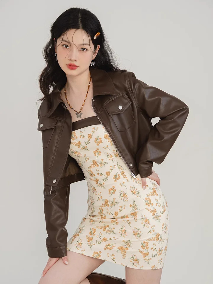 American retro sweet and style coffee colored womens leather jacket autumn n feeling short motorcycle jacket top 240827