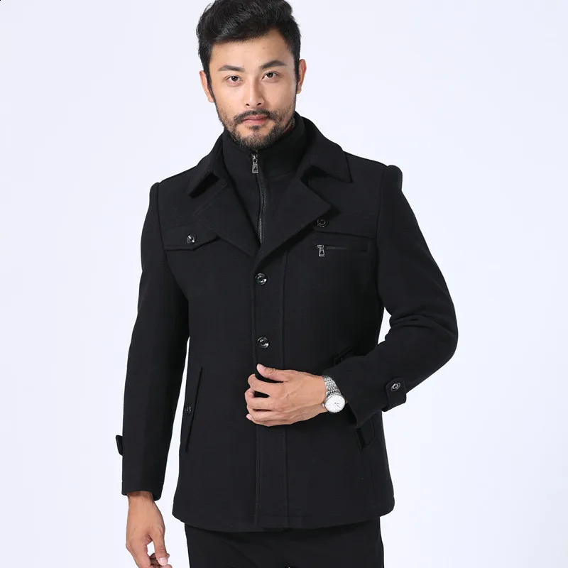 Autumn and Winter Black Thick Casual Mens Medium to Long Double Collar Wool Coat 240827