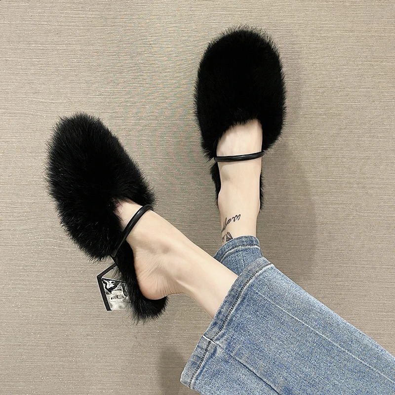 Rimocy comfortable soft fur mule slider womens autumn and winter square high heels warm plush slider womens high heels artificial fur slider 240827