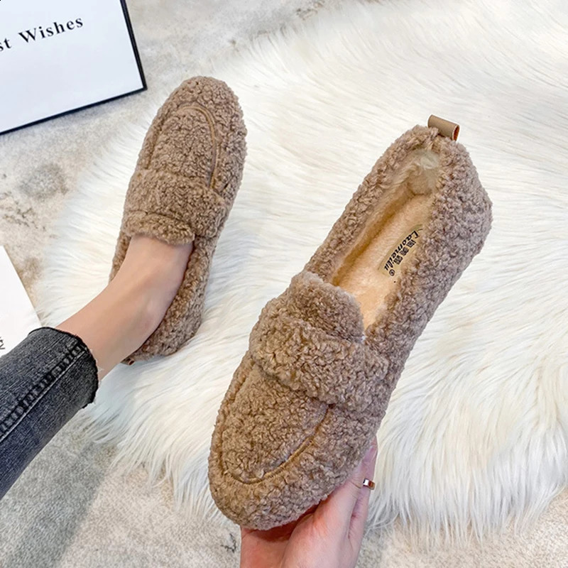 34-43 Large Lambwood Mokasin Womens Curly Sheepskin Flat Bottom Womens Warm Fluffy Winter Cotton Shoes Womens Fur Snow Boots 240827