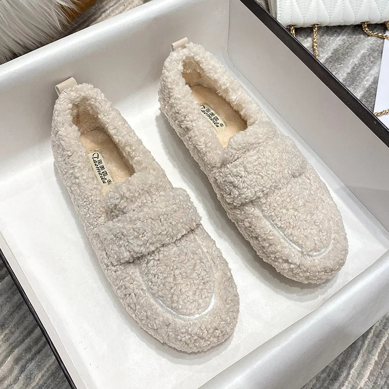 34-43 Large Lambwood Mokasin Womens Curly Sheepskin Flat Bottom Womens Warm Fluffy Winter Cotton Shoes Womens Fur Snow Boots 240827