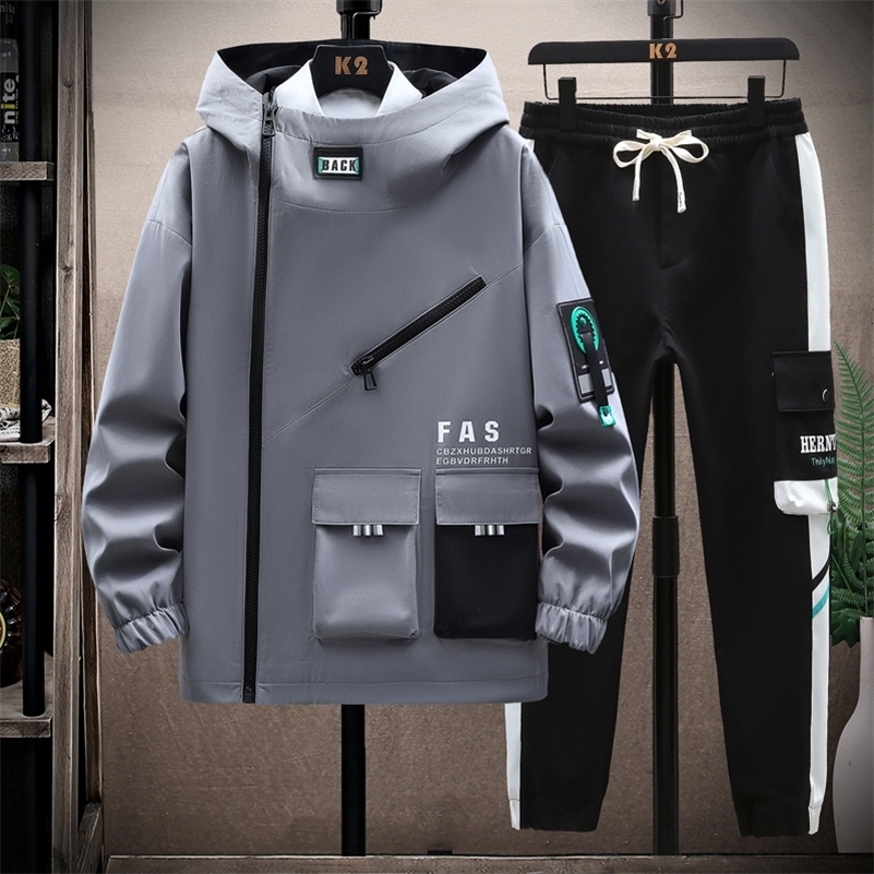 Autumn mens track and field clothes casual spring sportswear hooded patch work clothes jacket pants 2-piece set hip-hop running sportswear 240827