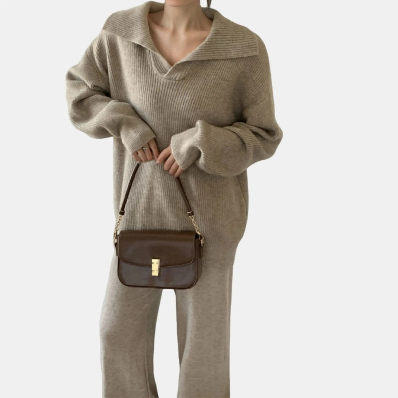 Winter Warm Knitted Two Piece Set for Womens Clothing Korean Casual Solid Collar SweaterWide Leg Pants 240827
