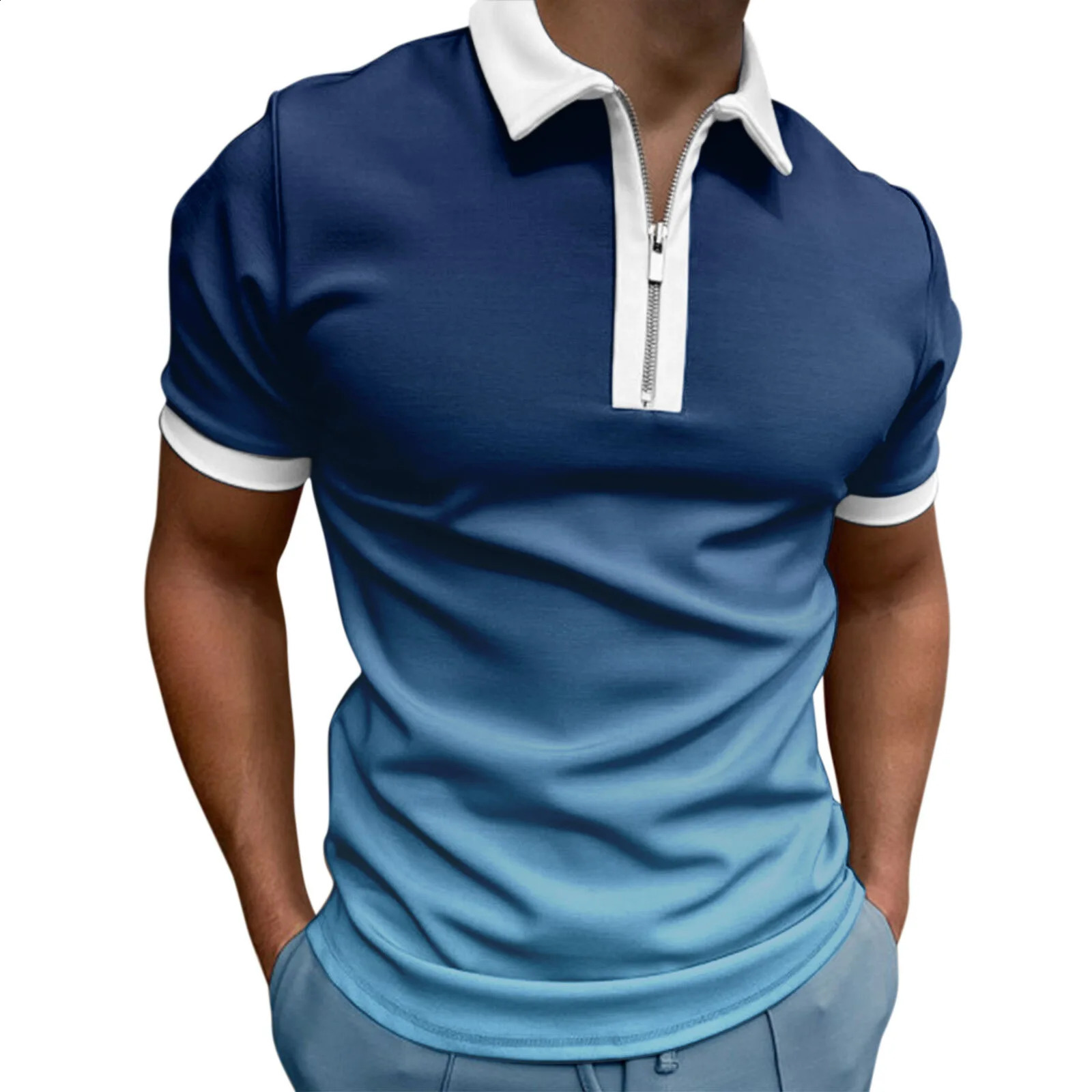 3D Gradient Printed Mens Zipper Neck Polo Shirt European and American Trend Short Sleeve Tshirt 240828