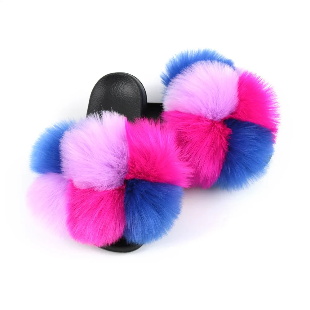 Summer womens fur slider fur Pom fur slider womens cute fur ball flip fluffy faux fur sandals outdoor rainbow shoes 240827