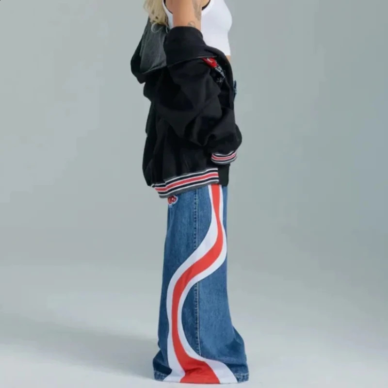 Deeptown Y2k Vintage Jeans Women Harajuku Baggy Streetwear Blue Denim Pants Hip Hop Wide Leg America Contrast Color Trousers 240827