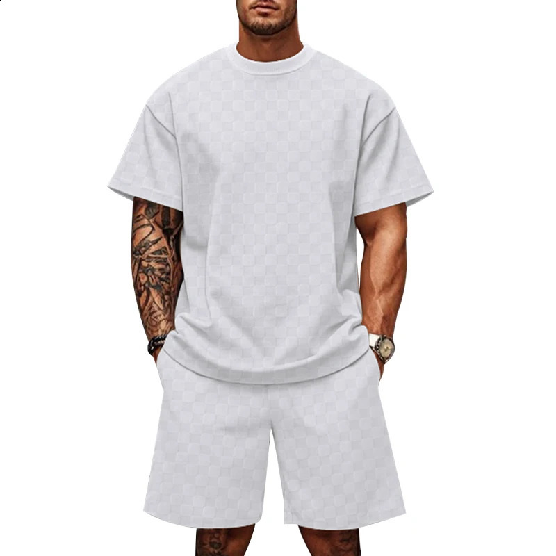 mens summer jacquard PJlaid short sleeved Tshirt fashion sports set breathable Tshirtsports shorts twopiece 240827