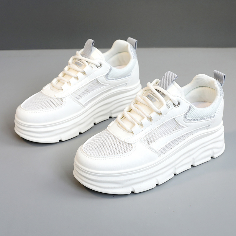 Ddmysports W New White Shoes Spring Summer Hollow Out Inner Height Increasing Thick Sole Versatile And Breathable Mesh For Students OUTDOOR