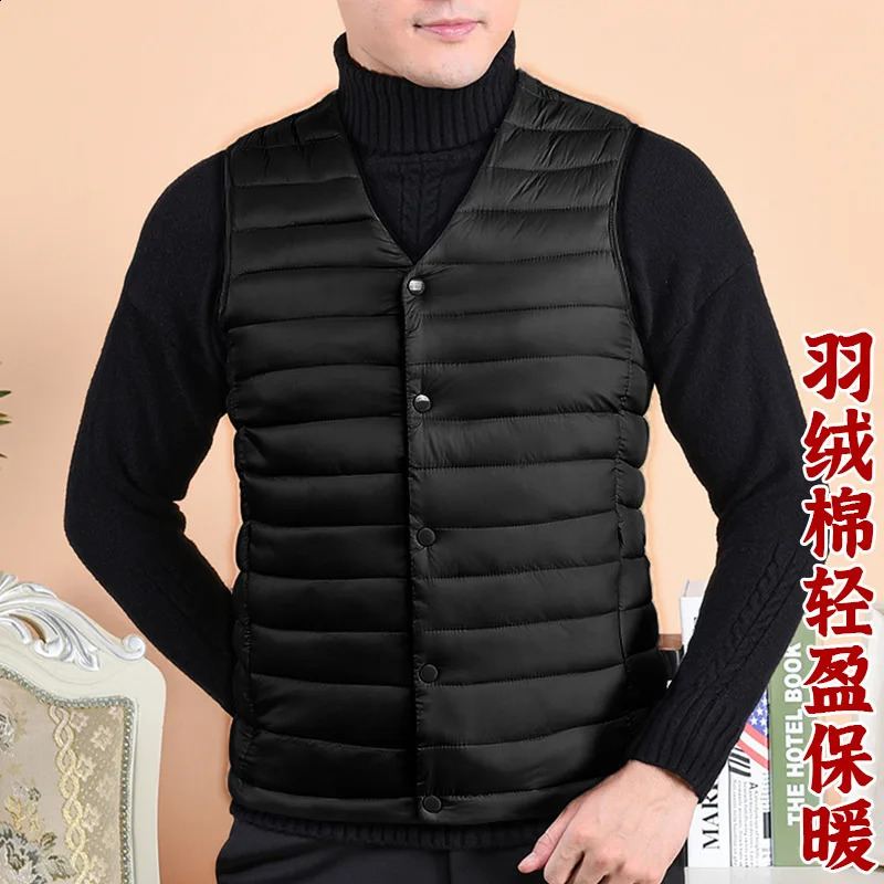 Mens warm cotton vest autumn mens sleeveless jacket middleaged and elderly solid color Vneck single chest down 240827