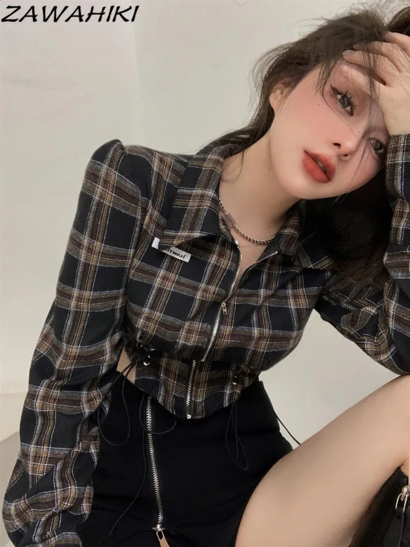 ZAWAHIKI womens spring and autumn shirt fashionable n Y2K polo neck plain weave long sleeves zipper ultra-thin retro top cream 240827