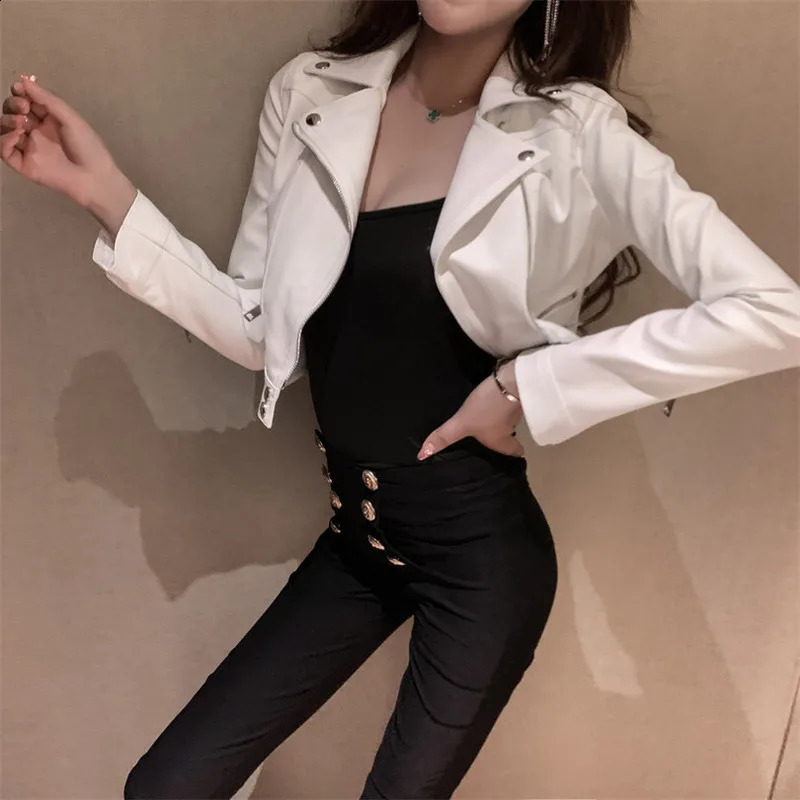 ultra-thin womens short leather jacket street style black pink white PU jacket long sleeved motorcycle zipper jacket 240827