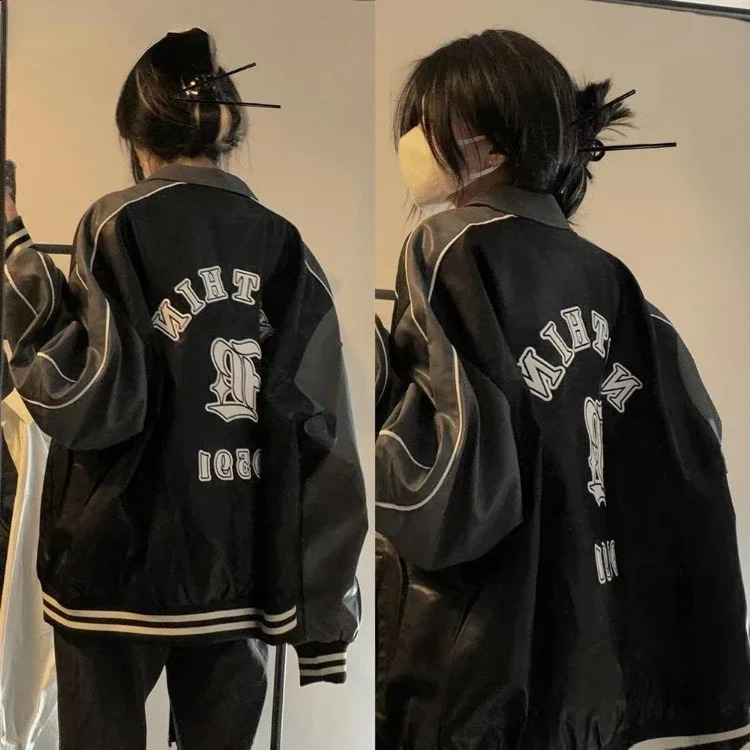 American retro college jacket womens streetwear Grunge zipper bomber Pu leather black couple embroidery jacket 240827