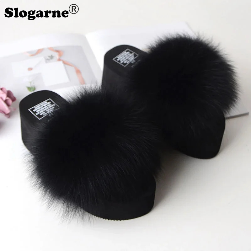 Womens modern fox fur slider womens fashionable outdoor fur slider 5cm thick soled summer platform shoes womens high heels flip cover 240827