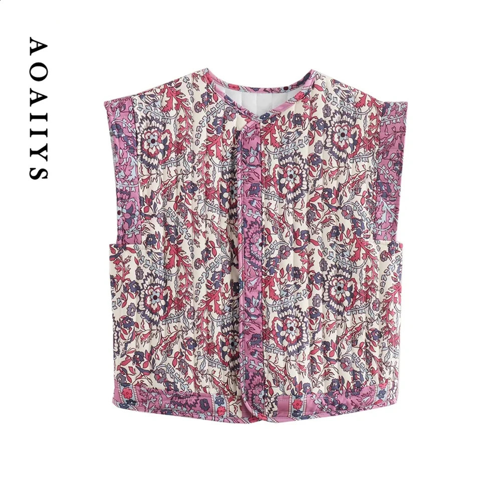 Aoaiys Womens Printed Tank Top Fashion Sleeveless Autumn Winter Warm Quilted Cotton Tank Top Fashion Waist Retro Tank Top 240828