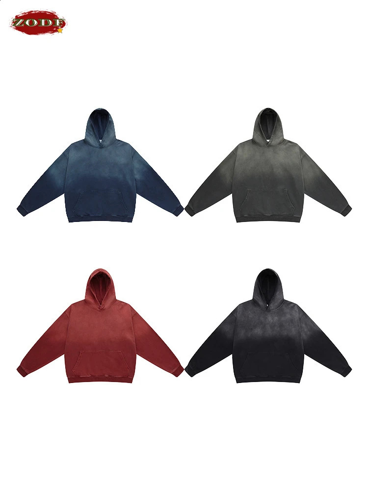 ZODF Spring Autumn Washing 380gsm Mens Hoodie Unisex Retro 100% Cotton Loose Pulling Flower Street Clothing HY0782 240827
