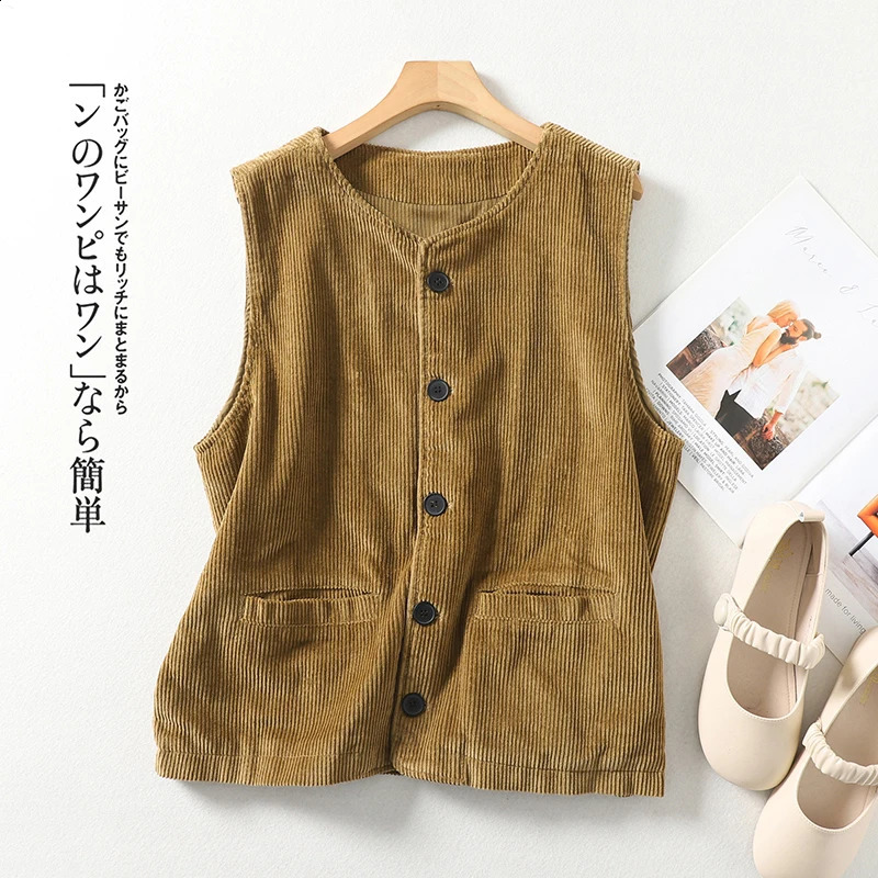 Cotton Corduroy sleeveless womens vest autumn retro literary striped velvet loose warm casual shoulder vest clip 240828