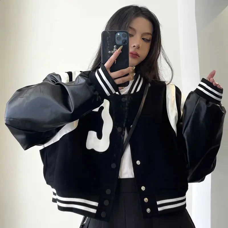 Womens black and white leather jacket with loose letter embroidery short and long punk style jacket American jacket bomber street 240827
