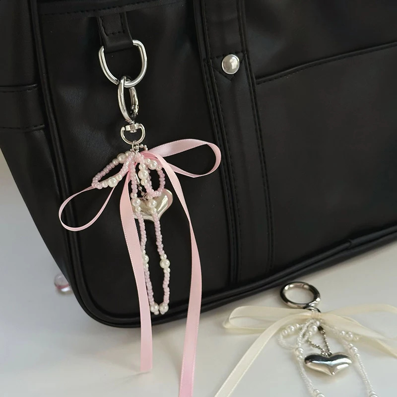 Pearl Bow Key Ring Ribbon Beaded Keychain Korean Style Hanging Accessories Y2k Heart Bag Pendant School 250214