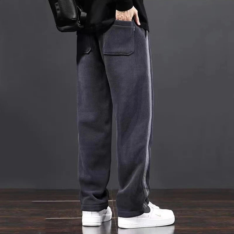 Spring/Summer Casual Pants Mens Solid Striped Elastic Waist Patch Work Drawstring Pocket Versatile Straight Trousers 240828