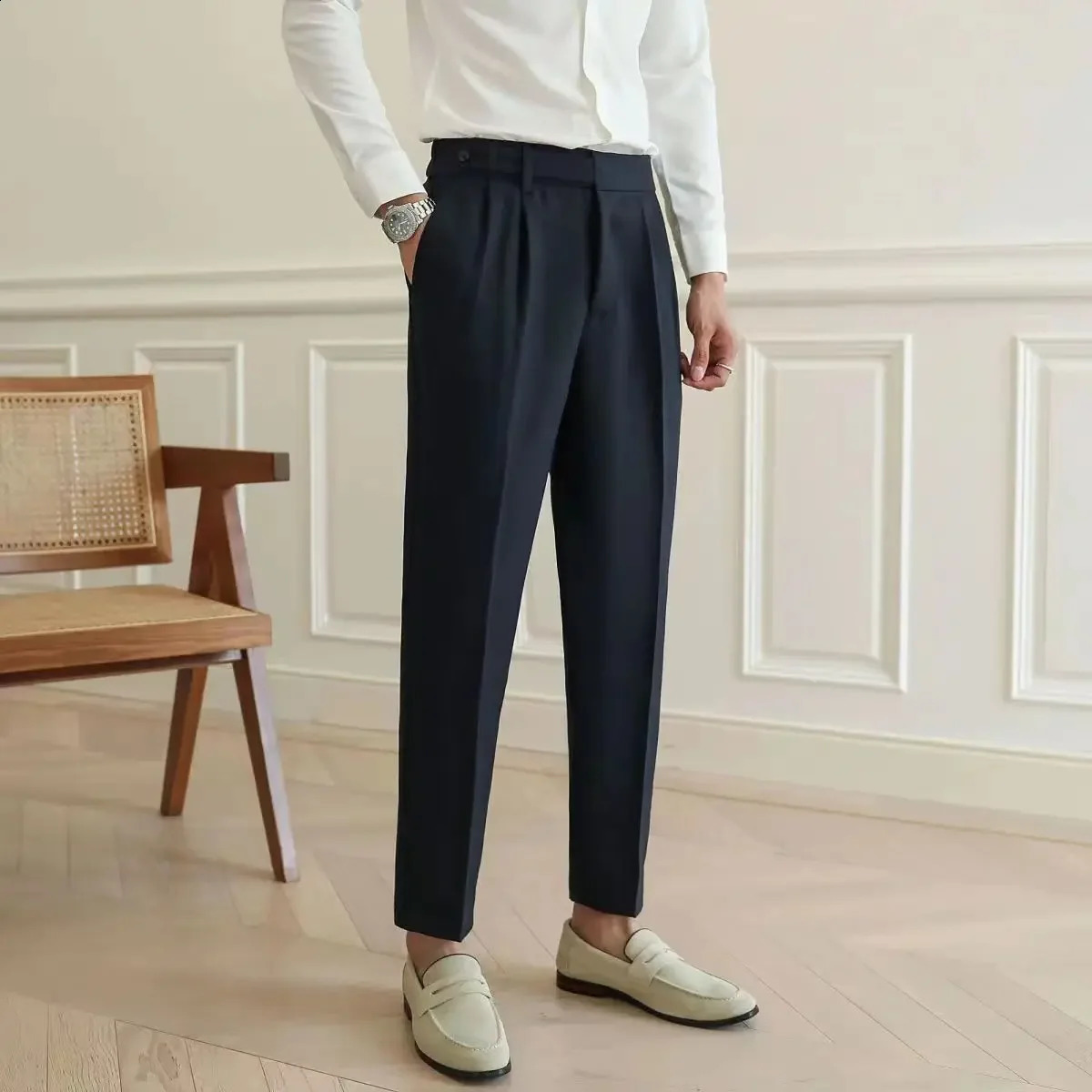 Mens high waisted Paris buckle straight Trouser high-quality Naples set pants summer thin English style business casual street pants 240828