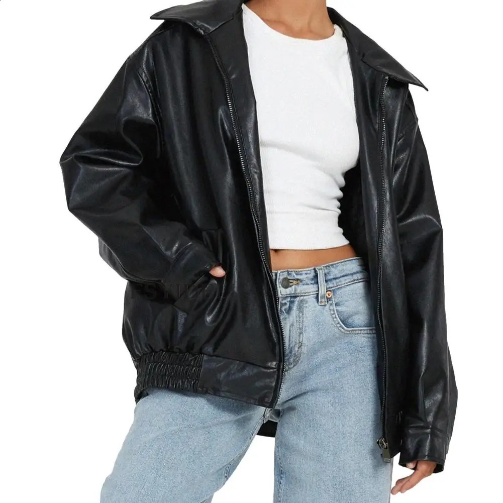 Womens artificial leather jacket casual zipper bomber motorcycle jacket outerwear fashionable autumn and winter clothing 240827