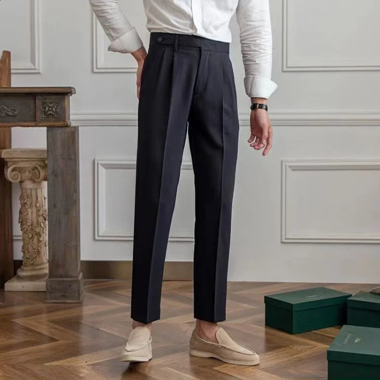 Summer Thin Button Business Tapered Trousers Apricot Versatile Naples Mens Casual High Waist Set Pants Grey Black Korean 240828