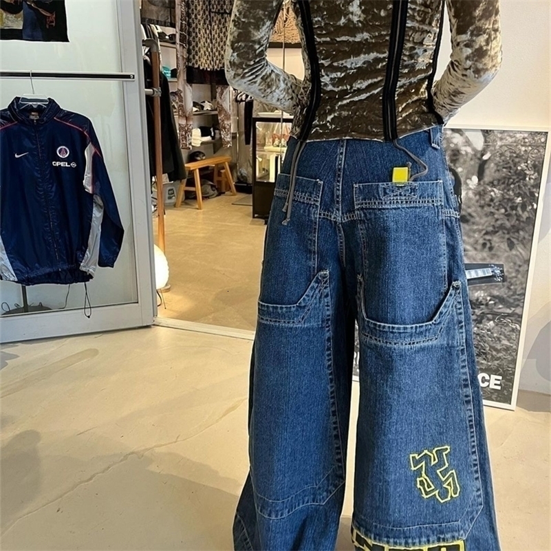 Retro Hip Hop Gothic Printed Fashion Street Clothing Luggage Jeans Letter Pattern Y2K Womens Punk High Waist Wide Leg Jeans 240827