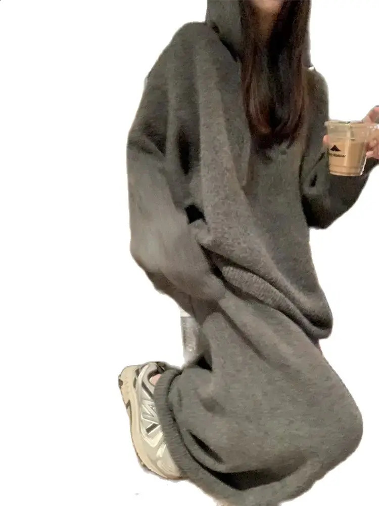 Korean Vneck twopiece skiing sweater casual womens knitted pullover high waisted fashionable winter clothing 240827
