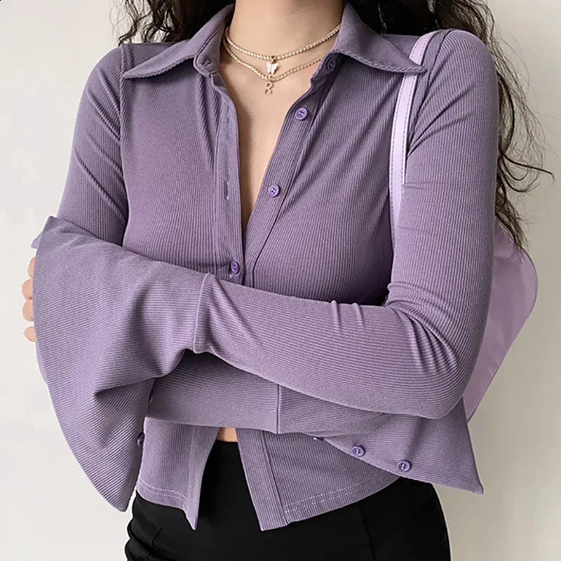 Purple polo collar long sleeved shirt womens retro elegant Y2k button spring autumn top cardigan 240827