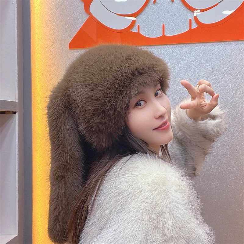 Autumn and Winter Women Stay Warm Artificial Fox Fur Long Eared Potted Hat Womens Fashion Leisure Party Music Festival Thick Fighting Hat W240827