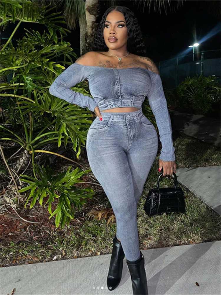 Women's Tracksuits WLWXR Spring Strtwear Denim Print 2 Two Piece Sets Womens Outfits Off Shoulder Long Slve Crop Tops Baggy Pants Matching Sets Y240826QJNK