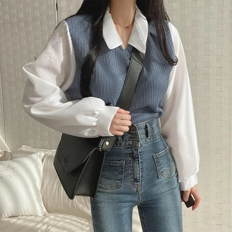 Y2k polo collar fake two-piece shirt womens spring casual Korean shirt retro loose floral top long sleeved elegant shirt 240827