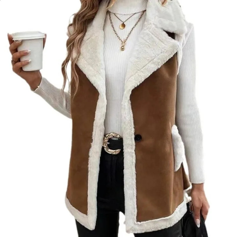 Fashionable womens casual wool spliced vest fashionable style loose neckline medium length vest sleeveless jacket 240828
