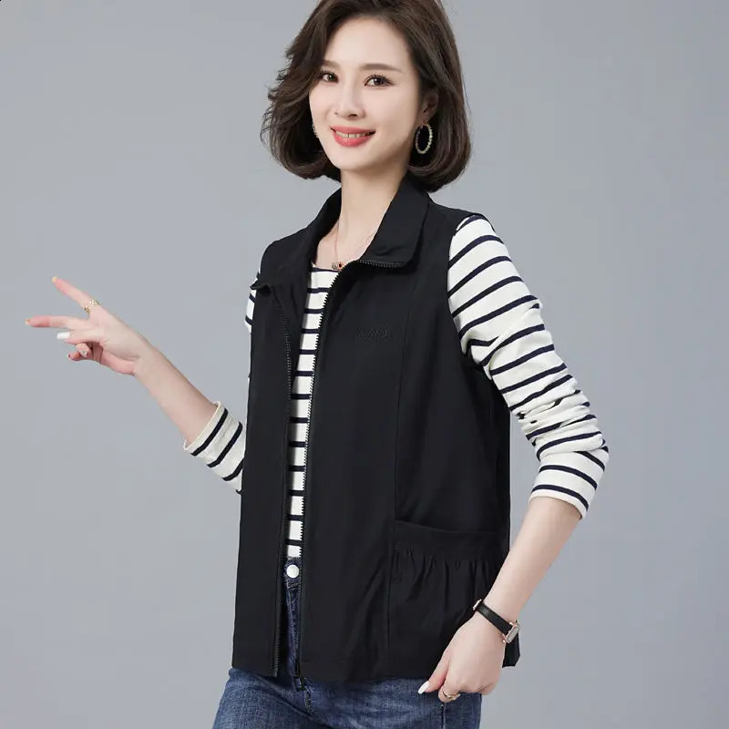 Street casual loose pocket patchwork work vest Spring and Autumn polo neck solid zipper retro top fashionable office womens clothing 240828