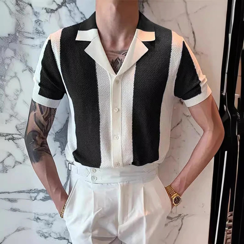 Mens Knit Shirt Striped Contrast Color Jacquard Knitted Tops Men Cardigans Summer Short Sleeve Buttoned Lapel Slim Shirts 240827