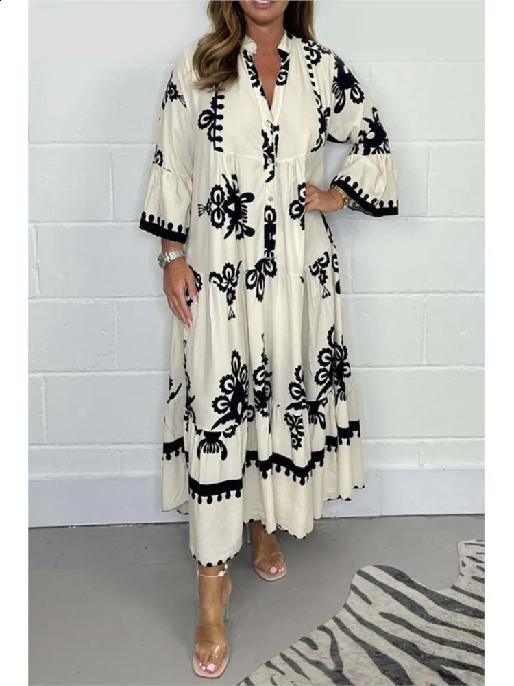 Womens Printed Loose Ethnic Retro Dress Spring and Autumn V-neck Button A-line Long Dress Summer 3/4 Sleeve Bohemian Long Dress