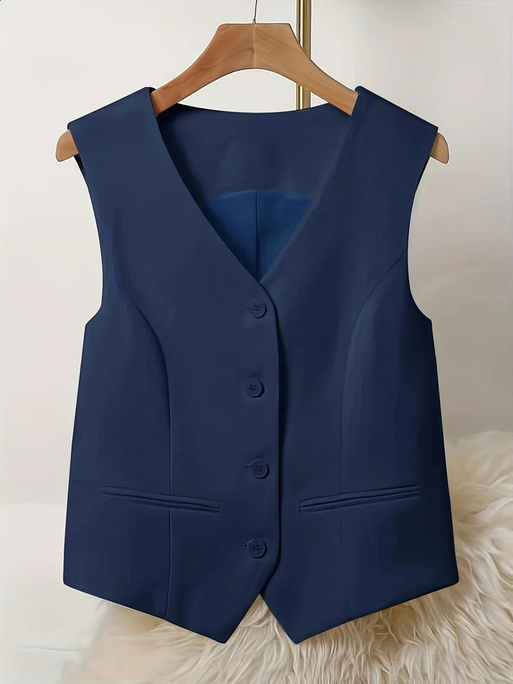 Retro V-neck suit vest elegant womens casual single chest sleeveless jacket fashionable ultra-thin solid color vest simple and unique 240828