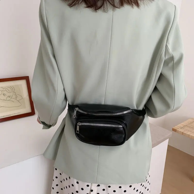 Crossten Waist Bag Fashion Leather Belt Chest Bag Chain Fanny Packs Women Black Solid Double Zipper Banana BumBag Phone Pouch 240828