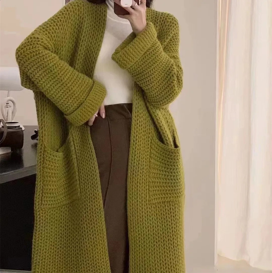 Maxi Cardigan Knit Sweater Women Crochet Spring Autumn Winter Sweater Heart Streetwear Pocket Knitted Coat Long Jacket Jumpers 240828