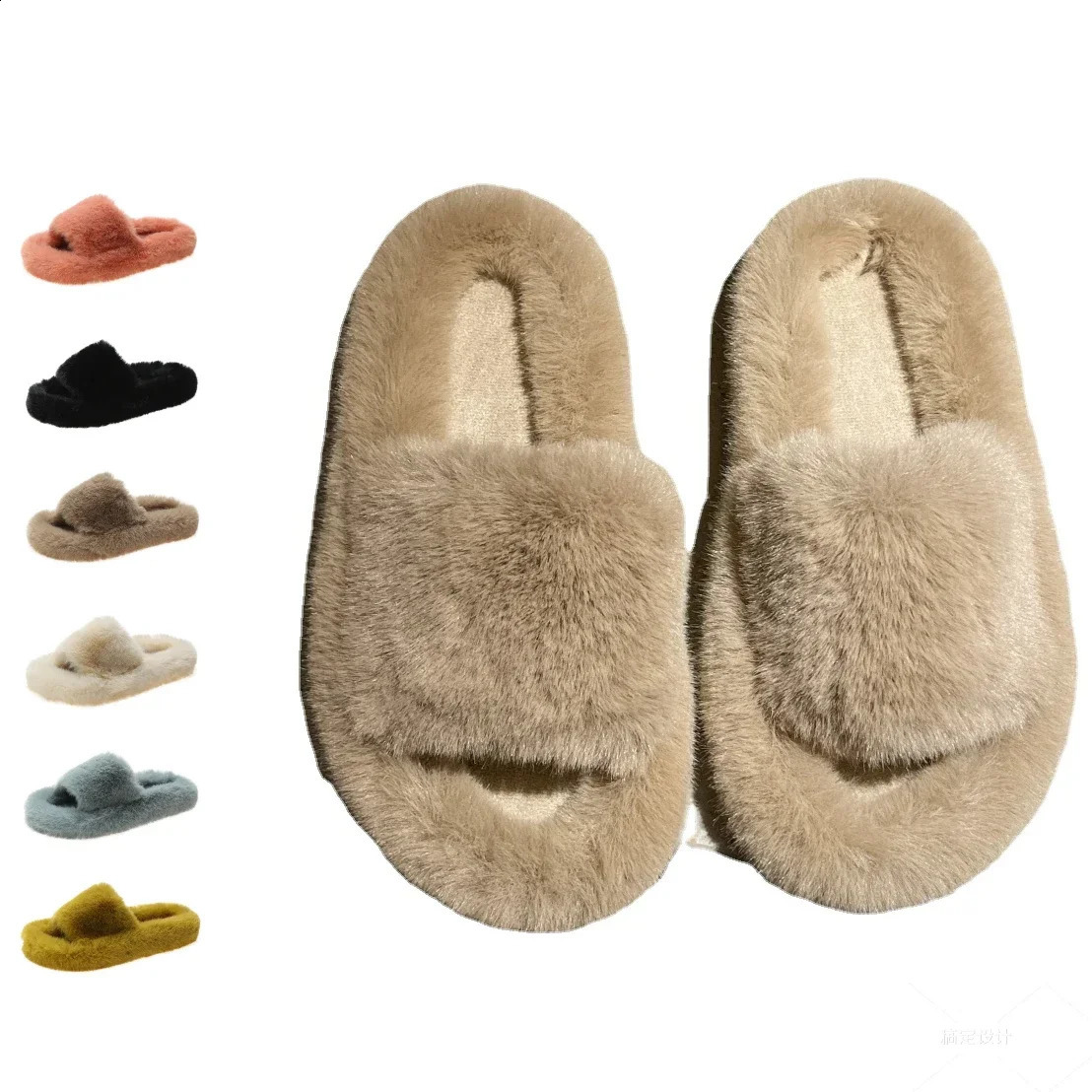 Fluffy winter warm home fur slippers womens plush shoes indoor furry flip cover women filled wool living bedroom 240827