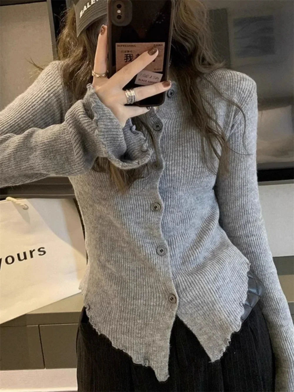 Women Kint Sweater Long Sleeve Cardigan Irregular Korean Fashion Slim Autumn Winter Casual Basic Coats Grey Vintage Cardigans 240819