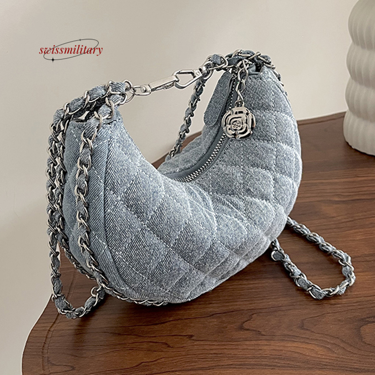 Swissmilitary 2024 new denim cloth women's fashion diamond grid embroidery thread chain crossbody bag, internet famous versatile crescent bag #31